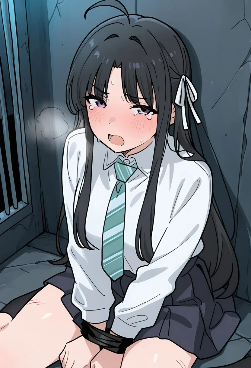 masterpiece, best quality, newest, solo, anime screencap, <lora:SUBARU_AWA_ilxl_v1.1:1>, subaru_awa,hair ribbon, white ribbon, ahoge, perfect eyes, half closed eyes, breast, shiny skin, school uniform, white shirt, collared shirt,striped necktie,long sleeves,pleated skirt, expressive, tears, blush, embarrassed, scared, looking at viewer, bound wrists, on ground, sitting, against wall, prison, tied up \(nonsexual\), arms folded, bound wrists, scratches, exhausted, open mouth, heavy breathing, exhausted, from above, dynamic view, dark room, perfect anatomy