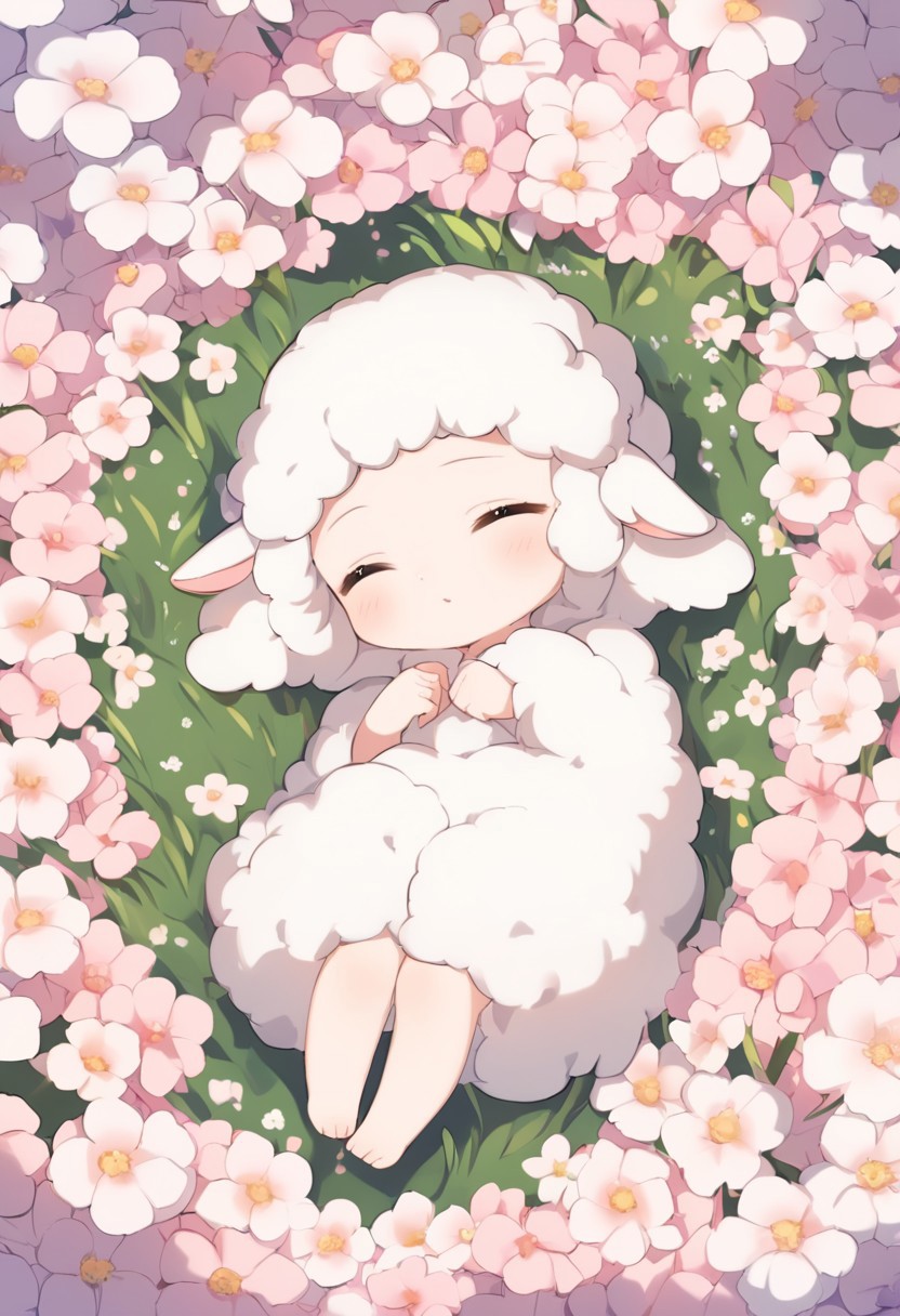 a cute baby lamb sleeping in a field of soft puffy flowers, dark shadows, beautiful, happy