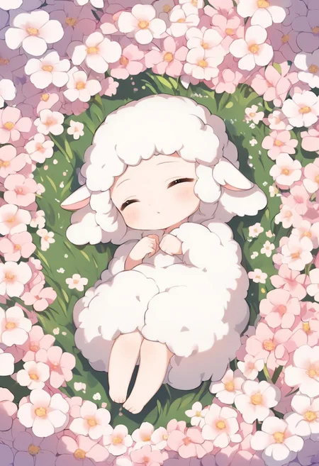 a cute baby lamb sleeping in a field of soft puffy flowers, dark shadows, beautiful, happy