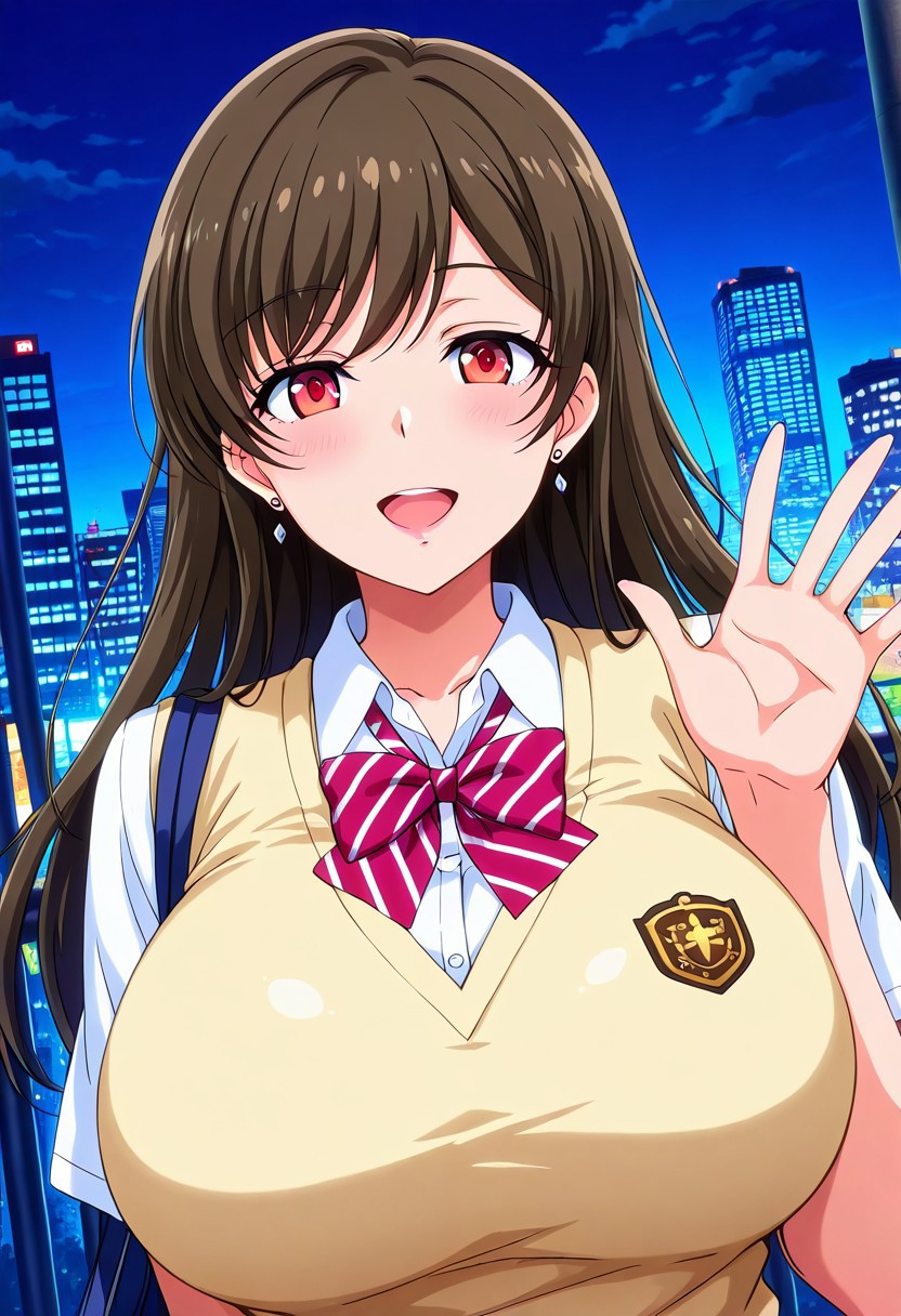 general,highres, ultra-detailed,very aesthetic,best quality ,best hands,best eyes,easynegative,
dynamic anglre, dutch angle, anime cloring,
1girl solo,looking at viewer,city,night, outdoor, waving hand,smile,open mouth, 
Chihiro,brown hair, long_hair, red eyes, huge_breasts, earrings,school uniform,