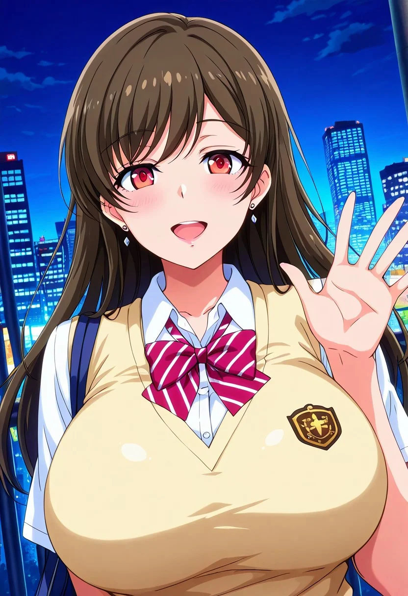 general,highres, ultra-detailed,very aesthetic,best quality ,best hands,best eyes,easynegative,
dynamic anglre, dutch angle, anime cloring,
1girl solo,looking at viewer,city,night, outdoor, waving hand,smile,open mouth,
Chihiro,brown hair, long_hair, red eyes, huge_breasts, earrings,school uniform,