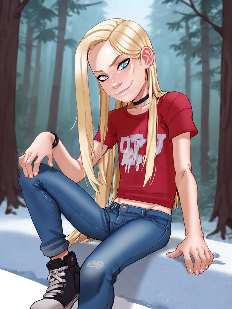 score_9, score_8_up, score_7_up,  score_6_up, BREAK, LilLily, 1girl, long hair, female, blue eyes, blonde hair, solo, black choker, in the forest, looking at viewer, red shirt, long shirt, jeans  <lora:Lily1.0:1>