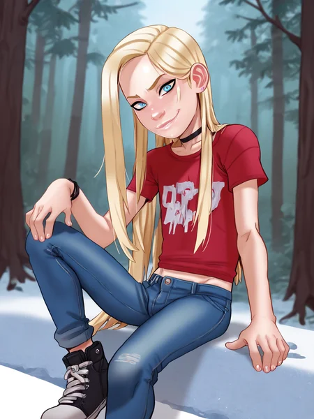 score_9, score_8_up, score_7_up, score_6_up, BREAK, LilLily, 1girl, long hair, female, blue eyes, blonde hair, solo, black choker, in the forest, looking at viewer, red shirt, long shirt, jeans <lora:Lily1.0:1>