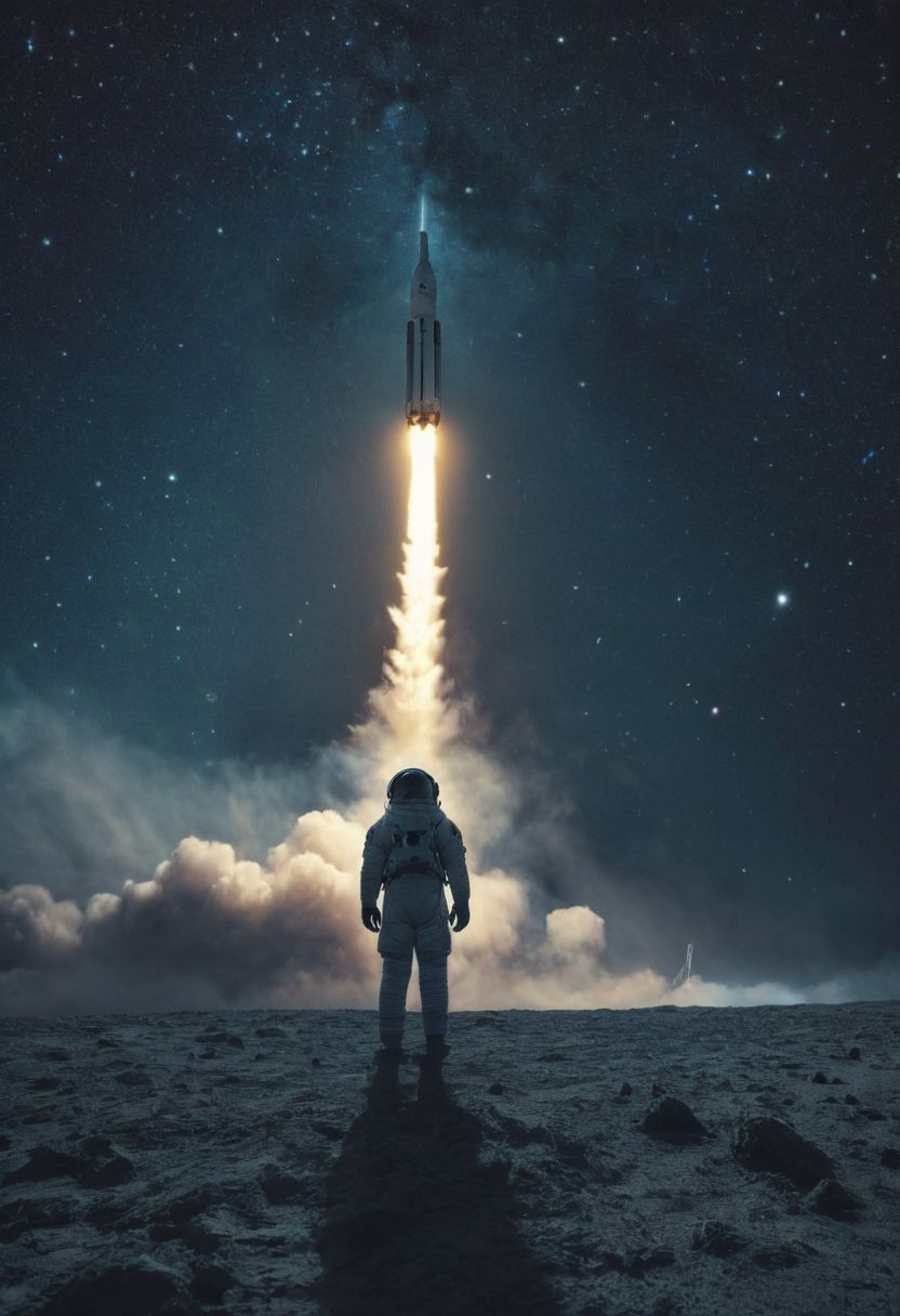 In the vast expanse of the night sky, an astronaut stands in solemn silhouette against the deep indigo canvas. His gaze is fixed upon the rocket ascending into the heavens, a beacon of hope and ambition bound for the distant moon, leaving him behind on Earth.
As the rocket pierces the darkness, carrying dreams and aspirations beyond the confines of our world, the astronaut stands alone, a solitary figure amidst the cosmic expanse. With a mixture of awe and longing, he watches as his destiny hurtles towards the stars, his own journey momentarily suspended in the quiet of the night.
Behind him, the stars shimmer with distant promise, casting their ethereal light upon the scene. In this moment of solitude and reflection, the astronaut embodies the resilience of the human spirit, poised on the threshold of the unknown, grappling with the weight of what might have been.
In the depths of this nocturnal tableau lies the promise of exploration and discovery, where the spirit of the astronaut converges with the boundless possibilities of the cosmos. Though Earthbound for now, his spirit remains untethered, reaching out towards the distant stars with an unyielding resolve to explore, to discover, and to soar beyond the limits of imagination.