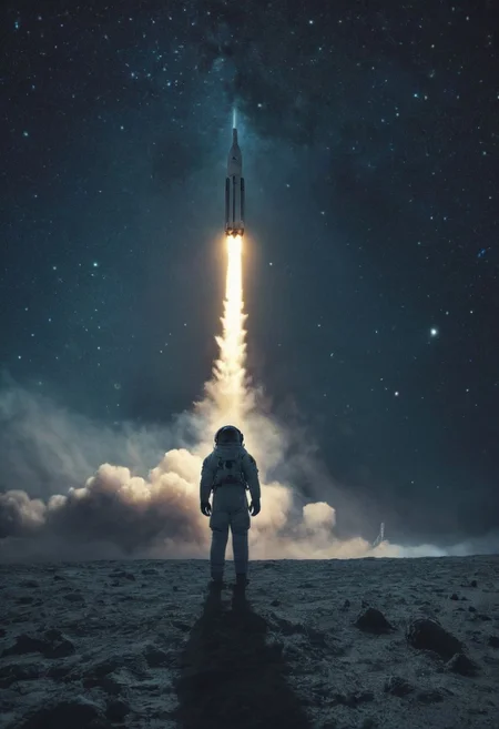 In the vast expanse of the night sky, an astronaut stands in solemn silhouette against the deep indigo canvas. His gaze is fixed upon the rocket ascending into the heavens, a beacon of hope and ambition bound for the distant moon, leaving him behind on Earth.
As the rocket pierces the darkness, carrying dreams and aspirations beyond the confines of our world, the astronaut stands alone, a solitary figure amidst the cosmic expanse. With a mixture of awe and longing, he watches as his destiny hurtles towards the stars, his own journey momentarily suspended in the quiet of the night.
Behind him, the stars shimmer with distant promise, casting their ethereal light upon the scene. In this moment of solitude and reflection, the astronaut embodies the resilience of the human spirit, poised on the threshold of the unknown, grappling with the weight of what might have been.
In the depths of this nocturnal tableau lies the promise of exploration and discovery, where the spirit of the astronaut converges with the boundless possibilities of the cosmos. Though Earthbound for now, his spirit remains untethered, reaching out towards the distant stars with an unyielding resolve to explore, to discover, and to soar beyond the limits of imagination.