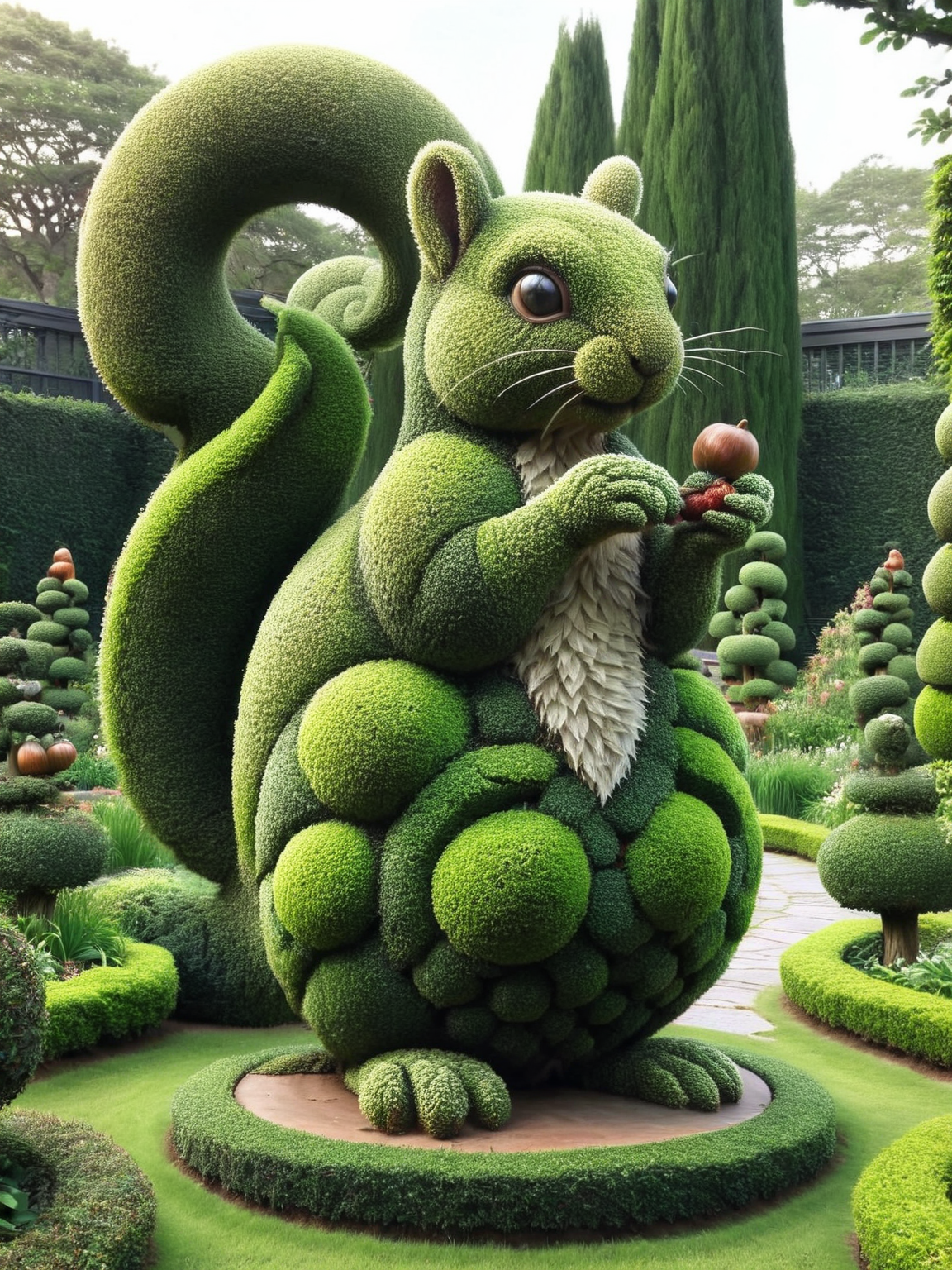 A curious ais-hdgrw squirrel, nibbling on an acorn in a whimsical topiary maze. <lora:ais-hdgrw-sdxl:1>