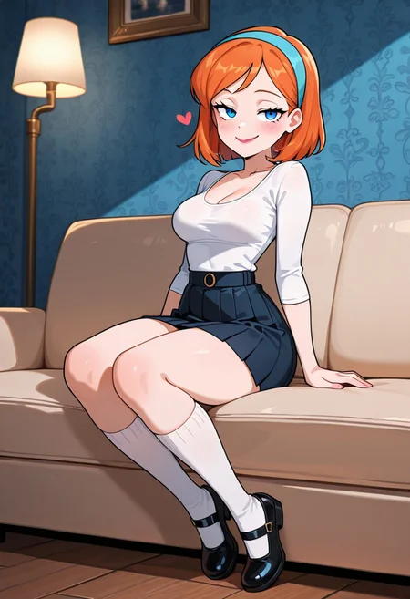 score_9,score_8_up,score_7_up,score_6_up,best quality,masterpiece,
background is living room, sofa, blue wallpaper,
((cinematic lighting)), (shading),
1girl, solo, Perfect Body, (Perfect Anatomy:1.0),
xlisax, orange hair, short hair, blue eyes, hairband, lipstick,
white shirt, tight shirt, cleavage, medium breast, compressed breast, collarbone, mini skirt, pleated skirt, pencil skirt, high socks, white socks, black mary janes,
sitting on sofa, looking at viewer, coy smile, seductive, teasing, flirting, full body,