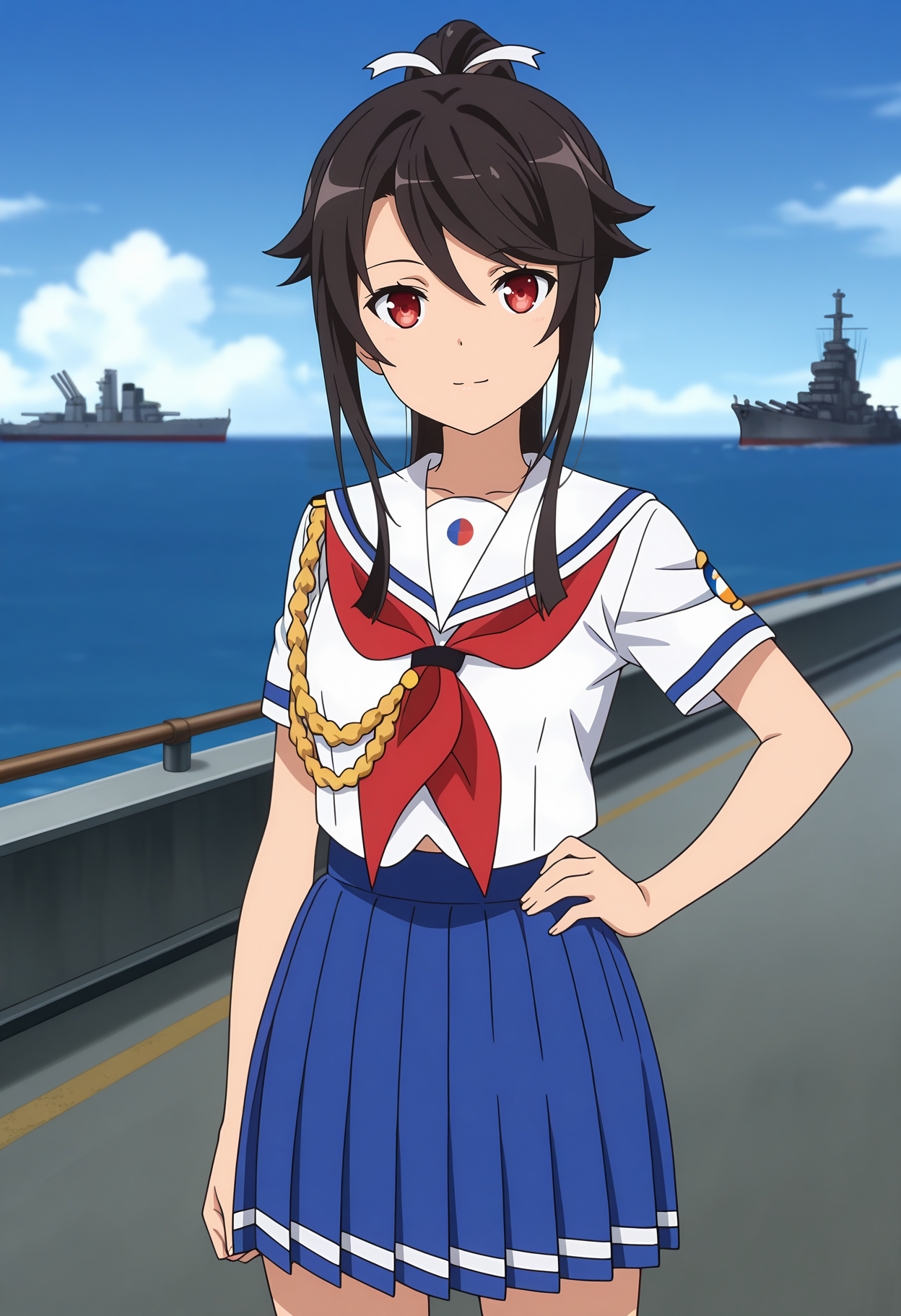 anime screencap, masterpiece, best quality,
<lora:HighSchoolFleet_MunetaniMashiro_IlluXL:0.9>,
1girl, solo, closed mouth, light smile,
high ponytail, hair between eyes, swept bangs, long hair, black hair, red eyes, hair ribbon, white ribbon,
white sailor collar, white shirt, red neckerchief, aiguillette, short sleeves, pleated skirt, blue skirt,
hand on own hip, standing, looking at viewer, cowboy shot,
horizon, dock, outdoors, battleship, warship, blue sky, blurry background