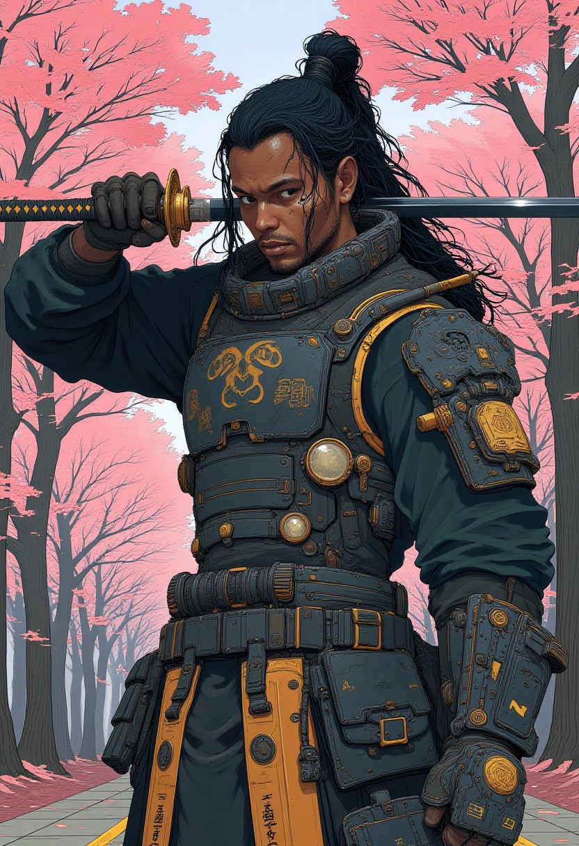 A (full body portrait:1.4) of a 26 year old African american man. He has long black hair in dread locks tied up. He has a short beard. He is wearing black samurai armor with gold accents. He holds a katana in a fighting stance. He is in a cherry blossom tree Grove. 
There is a scar over his left eye. 
cyberpunk, high-quality digital artwork, detailed background