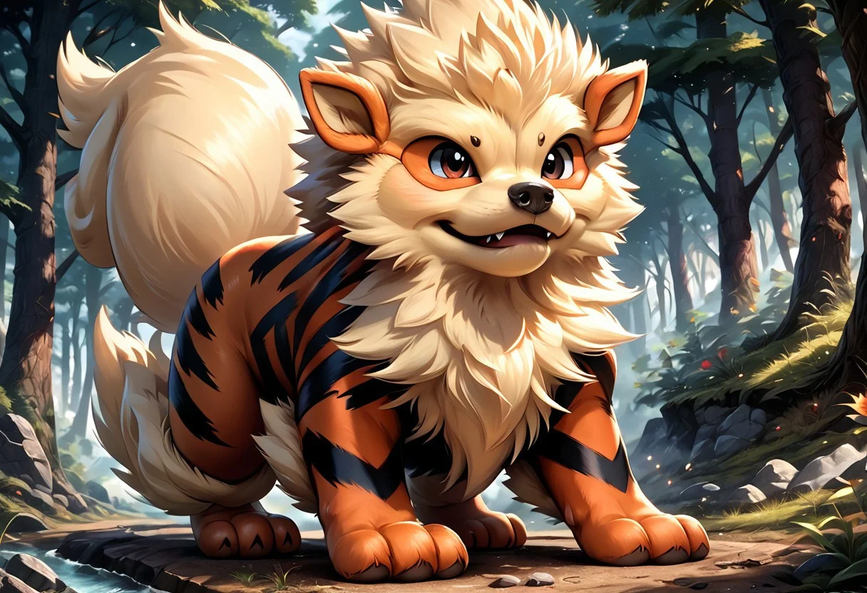 score_9, score_8_up, score_7_up, source_feral, male, arcanine, 3toes, claw on each toe, cute, forest, fluffy fur, flame strike, front view, digital drawing, detailed, detailed elements, epic, solo, full body landscape, eye focus