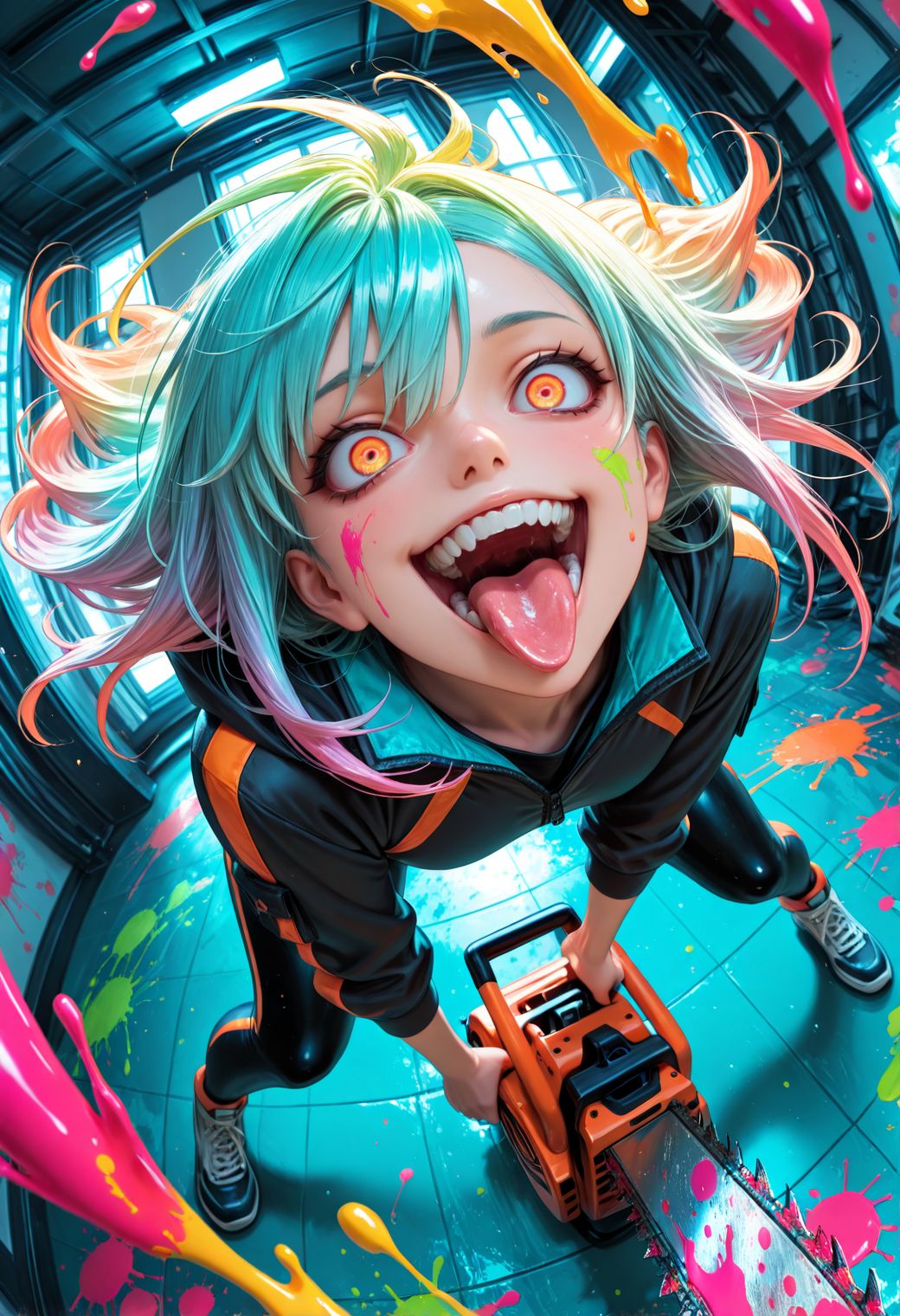SmoothNoob_Quality,  1girl,  holding chainsaw,  crazy eyes, crazy smile, tongue, from above, dynamic pose,, spark, close-up,dutch angle, (colorful), fisheye, (paint splatter),fisheye, , close-up, dutch angle, from above, floor, depth of field, (scenery, volumetric lighting)