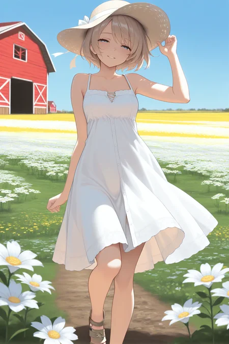 masterpiece, best quality, 1girl, solo, <lora:ffashe-illu-nvwls-v1-000006:1> ffashebd, light brown hair, short hair, blue eyes, white sundress, sun hat, parted lips, flower field, blue sky, barn, looking at viewer, half-closed eyes, smile, sandals