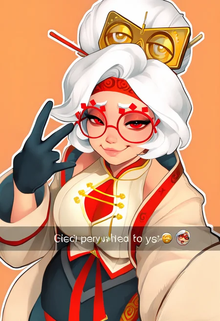 masterpiece, best quality, very aesthetic, orange background,outline,1girl,pur4h, white hair, red eyes, hair bun,hair ornament, red headband, red glasses, sleeveless shirt, beige shirt, beige jacket, red trim, open jacket, black skirt, red leggings, gloves,lips,smug,looking at viewer,selfie,snapchat,gesture <lora:ickp_n11:1> <lora:purah-illu-nvwls-v1:0.8>
