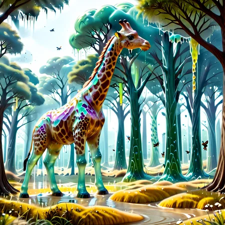 embedding:lazympos a towering slime giraffe with translucent patches revealing swirling colors, grazing in a savannah of quivering gelatin grass, acacia trees dripping amber slime, bioluminescent insects, sl1m3d, slime-morph <lora:Slime_Morph_V4:1.0000000000000002> <lora:TrendCraft_The_Peoples_Style_Detailer-v2.1A-3_12_2025-SDXL:0.20000000000000004>