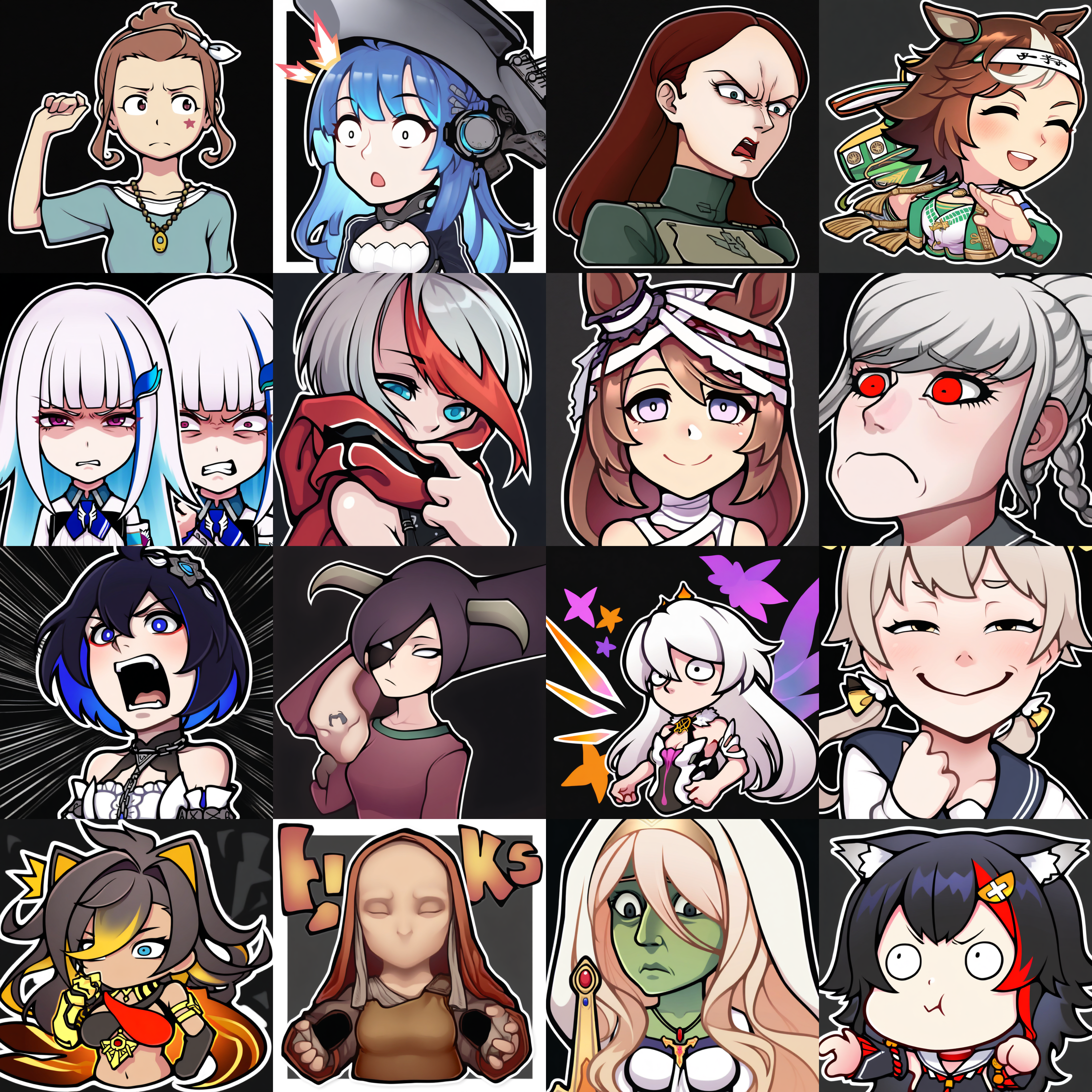 sticker, colorful, outline,
masterpiece, best quality, very aesthetic, absurdres,
__CharacterBooru__, __emotion__,
upper body, black background, simple background, <lora:StickerNoobLocon_byKonan:1>