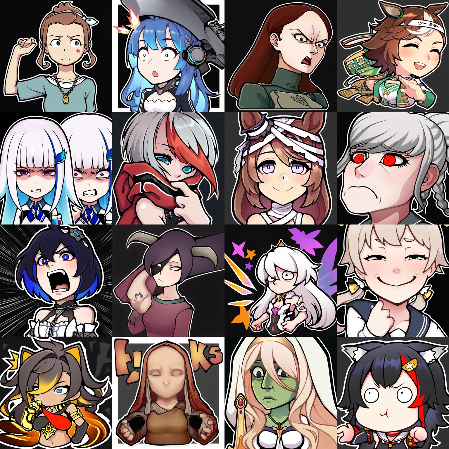 sticker, colorful, outline,
masterpiece, best quality, very aesthetic, absurdres,
__CharacterBooru__, __emotion__,
upper body, black background, simple background, <lora:StickerNoobLocon_byKonan:1>