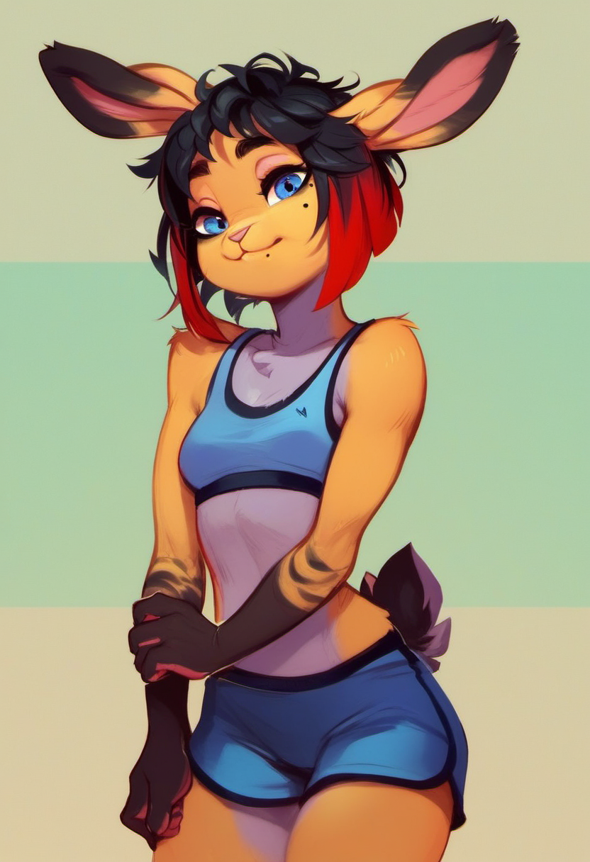 zPDXL, score_9, score_8_up, score_7_up, score_6_up, score_5_up, score_4_up, BREAK rating_safe, <lora:Polyle_Style_for_PonyXL:0.8> polyle, 1girl, anthro, solo, clothing, sports bra, short shorts, blue eyes, red hair, mammal, female, furry, black hair, tail, furry female, multicolored hair, lagomorph, leporid, rabbit, hair, small breasts, bedroom, looking at viewer, mole