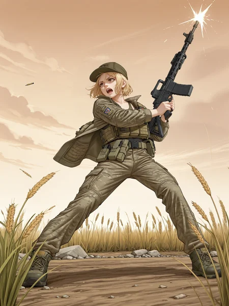 1girl, solo, standing, rifle to the side,
<lora:Marichka-AZOV chan (IL)_v1-dedededestruction:0.6> marichka, sports bra, military coat, holding assault rifle, ar-15, trigger discipline, military hat, camouflage jacket, bulletproof vest, belt pouch
ground, wheat field, tall grass, rocks, empty shells, bullets, shooting
from below, fisheye