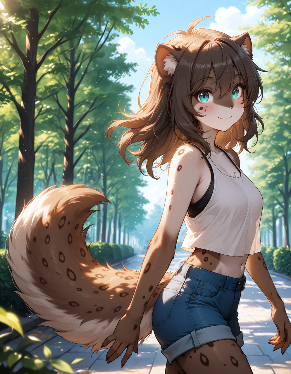 [1 girl, (twokinds), keidran girl, furry, furry woman, brown hair, long hair] (Depth of field, HD eyes:1.2, cinematic lighting), (masterpiece), (best quality), (aesthetics, sophisticated), (character detail), (luminous particles), (HDR), (clear focus), 16k,
solo, outdoors, in park, blue sky, clouds, tree leaves, nature, walking, funny, white crop-top, bare shoulders, short jeans shorts, smile, looking at viewer, cute, blush, tree,
<lora:cnv3mdde878c738thn20:0.7>
<lora:Kathrin-Twokinds-SDXL-AnonTK-V1:0.9> kathrin-twokinds, keidran, animal ears, tail, body fur, animal nose, short hair, brown hair,