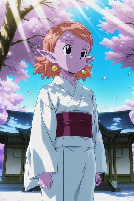 anime screencap, masterpiece, best quality, amazing quality, very aesthetic, absurdres, newest, (scenery, volumetric lighting),
chronoa, potara earrings, short hair, orange hair, pointy ears, black eyes, colored skin, purple skin,
dappled sunlight,cherry blossoms, kimono, white kimono, obi, temple, outdoors, falling petals, day, light rays,
<lora:Chronoa_IL:0.8>