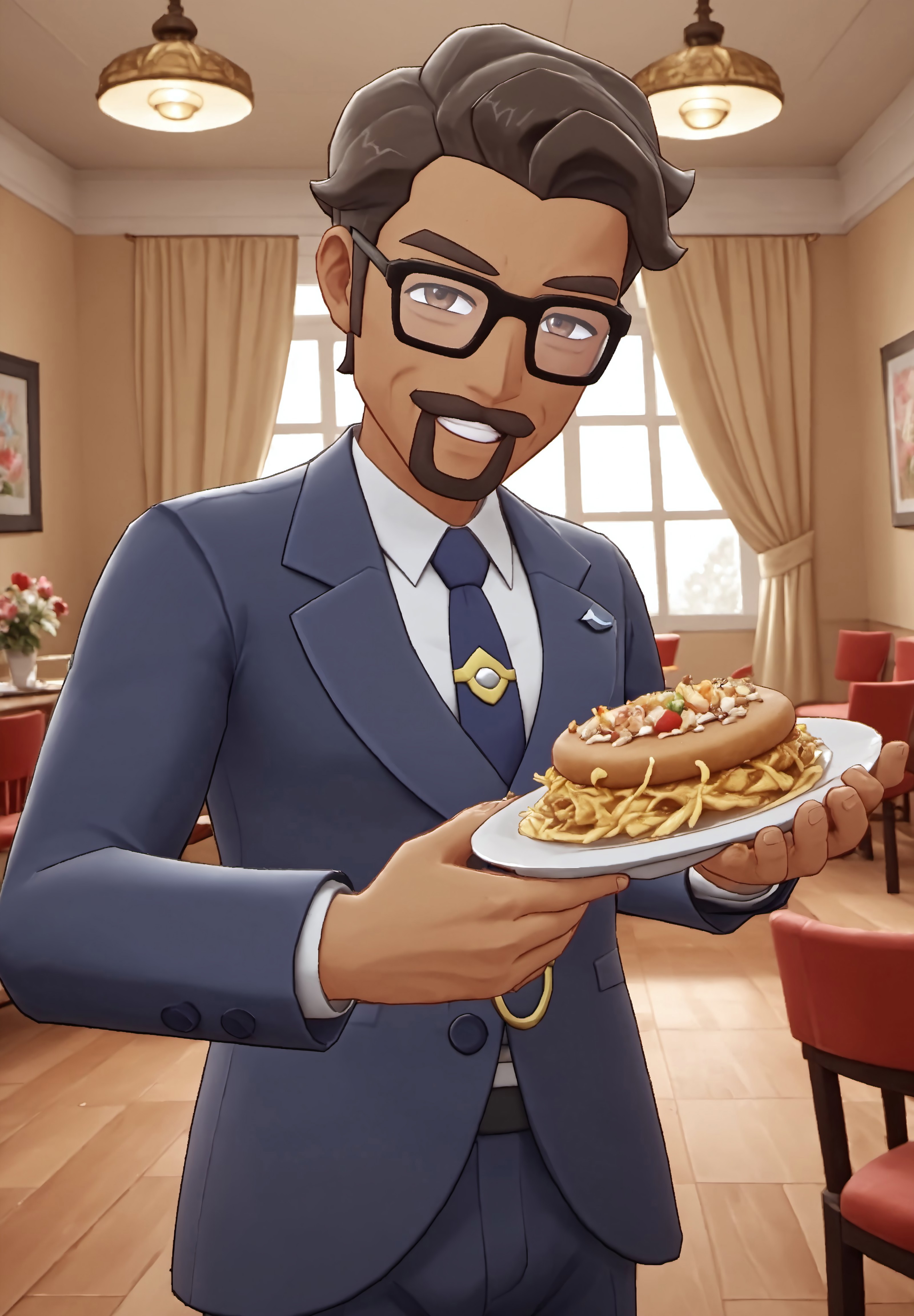 safe_pos, safe_pos, score_9, score_8_up, rating_nsfw, ultra hd, absurdres, best quality, masterpiece, masculine, solo, 1boy, 1male, male focus, best anatomy, best eyes, best hands, sexiest man alive, erotic, gay porn, cartoon art, cartoon art style,

POKESSGentleman, POKESSGentlemanHair, glasses, suit, dark-skinned male, indoors, gala background, eating food, fancy dish, looking at viewer, dutch angle, smiling, detailed background, amazing background, amazing lighting, Expressiveh
