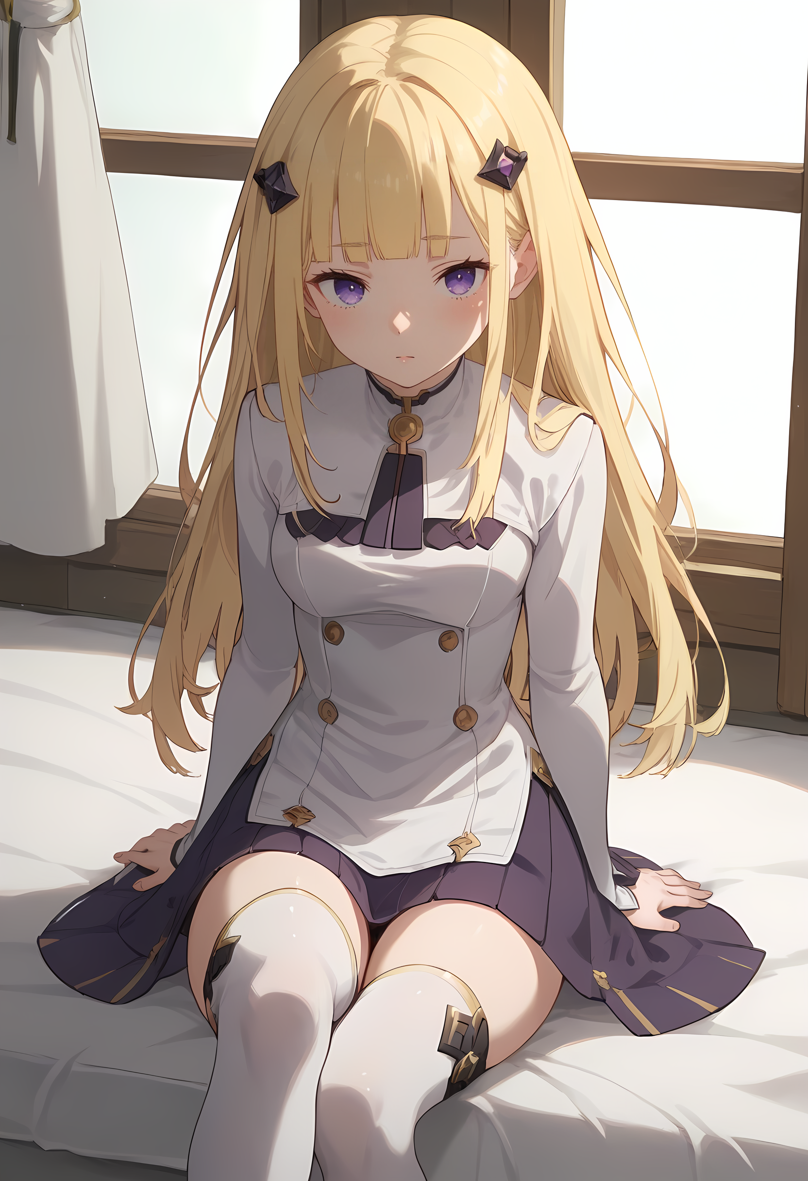 score_9_up,score_8_up,score_7_up,<lora:RE_OFE_pony0.91-000042:1>,<lora:Expressive_H-000001:1>,
RE_OFE,1girl,solo,blonde hair,long hair,looking at viewer,purple eyes,blush,white dress,long sleeves,white thighhighs,thighhighs,cowboy_shot,crossed_legs,sitting,no shoes,hair ornament,blunt bangs,purple skirt