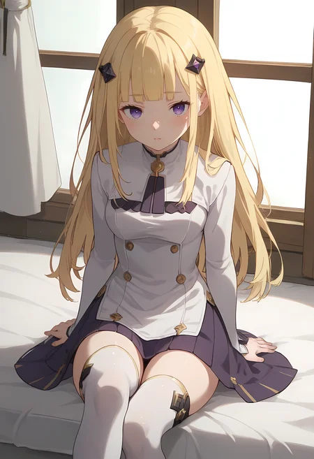 score_9_up,score_8_up,score_7_up,<lora:RE_OFE_pony0.91-000042:1>,<lora:Expressive_H-000001:1>,
RE_OFE,1girl,solo,blonde hair,long hair,looking at viewer,purple eyes,blush,white dress,long sleeves,white thighhighs,thighhighs,cowboy_shot,crossed_legs,sitting,no shoes,hair ornament,blunt bangs,purple skirt