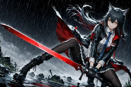 score_9, score_8_up, score_7_up, 1girl, solo, ultra detailed, amazing quality, best quality, texas (arknights), dynamic angle, dynamic pose, very detailed eyes, yellow eyes, long hair, black hair, wolf ears, expressionless, black coat, white frilled shirt, blue necktie, black gloves, black skirt, black pantyhose, black knee boots, holding weapon, red sword, rain, wet clothes, dark background, <lora:add_detail:1> <lora:Expressive_H:1>
