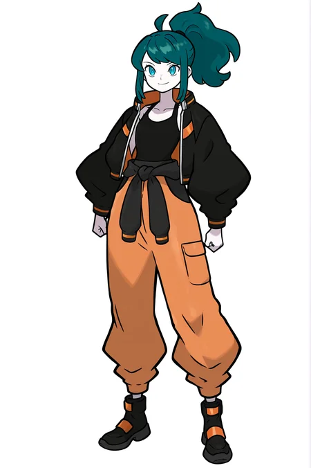 1girl, solo, dark teal hair, dark hair, colored skin, white skin, (reptile scale accents:0.7), medium hair, high ponytail, swept bangs, symmetrical sidelocks, ahoge, blue eyes,
([[medium]] small breasts, tall:1.2), light smile,
black tanktop, orange jumpsuit tied around waist, (cropped black jacket, black jacket:1.3), black boots, wearing cartoony clothing, futuristic clothing,
masterpiece, best quality, newest, absurdres, highres, sensitive, sugimori Ken <lora:LennaILXL:1>