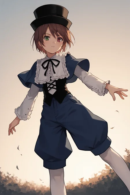 score_9, score_8_up, score_7_up, score_6_up, score_5_up, score_4_up, source_anime, BREAK
1girl, <lora:Souseiseki_pdxl_v1.0:0.9> souseiseki, capelet, shirt, corset, ribbon, hat, white pantyhose, pants, BREAK
outdoors, sunset