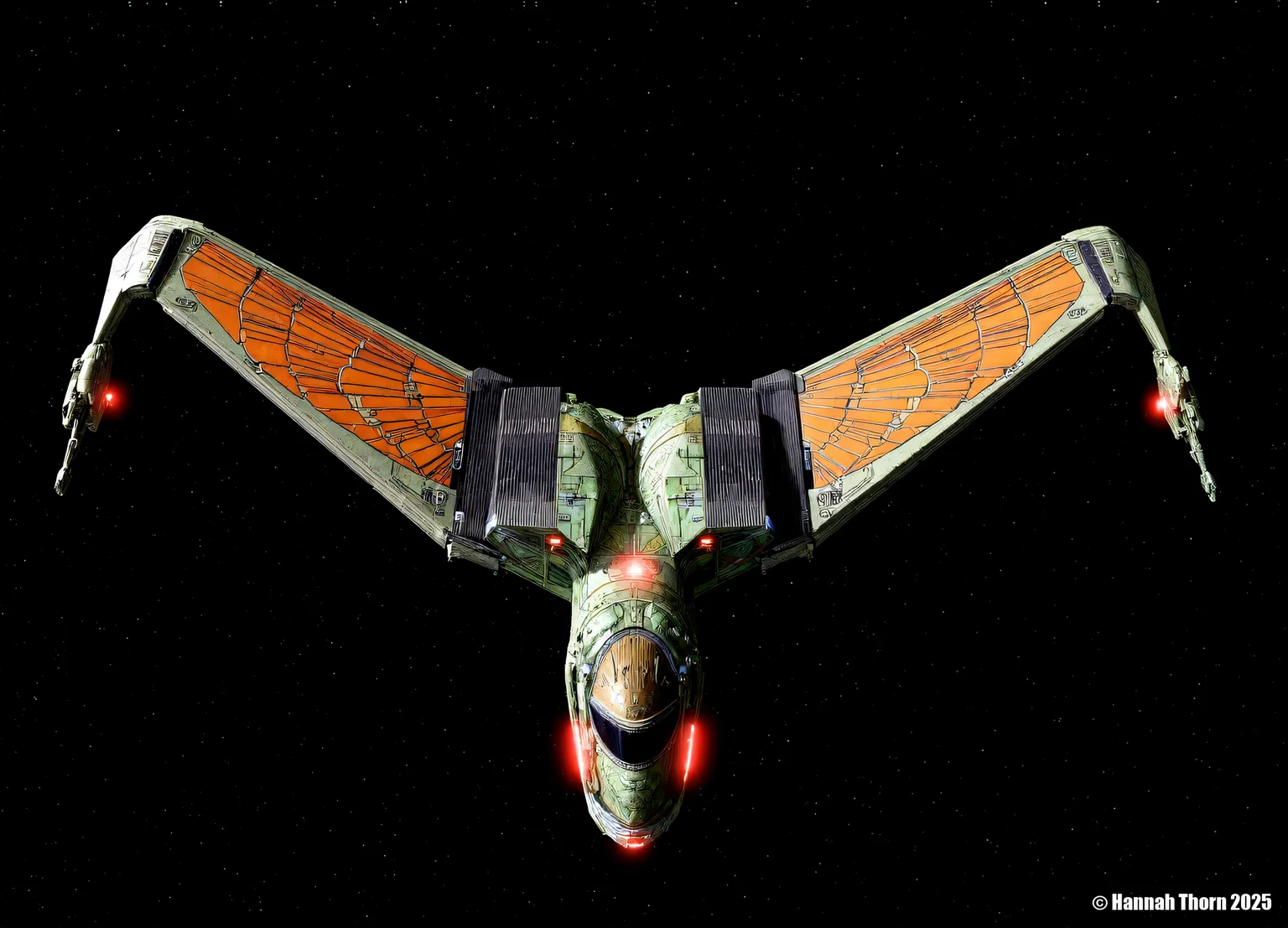 Klingon bird-of-prey, A futuristic spaceship flying through a dark, starry night sky. The spaceship has a sleek, metallic design with a pointed nose and wings that are intricately detailed. The wings are glowing with a red light, giving off a dramatic glow. The background is filled with small, distant stars, adding to the sci-fi atmosphere. The image is highly detailed and realistic, with a focus on the spaceship's design and the dramatic lighting. The perspective is from below, looking up at the spaceship.<lora:_Flux\Klingon_Bird_of_Prey.safetensors:1.0:1.0>