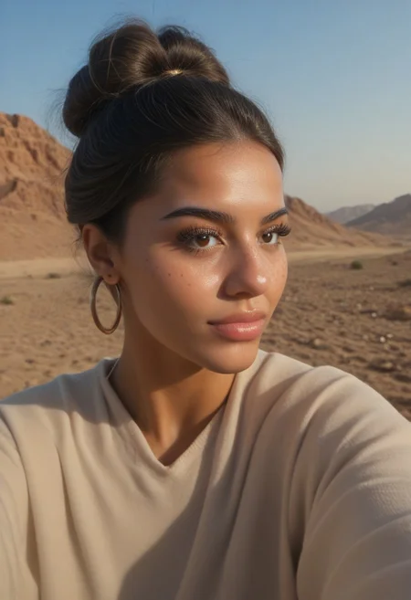 score_9, score_8_up, score_7_up, 1girl, adult, latina woman, updo, tall, medium build, in a desert, afternoon, rays, golden hour, extremely detailed, upper body, tatooine,
detailed eyes,perfect eyes,, freckles,, perfect skin texture, photorealistic eyes,,