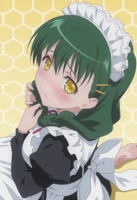 anime screencap, anime coloring, <lora:DX888Sanae:1> shikikagami sanae, yellow eyes, green hair, very long hair, single braid, hair over shoulder BREAK simple background, yellow  background, (honeycomb background:1.2),  BREAK   maid, maid headdress, hairclip, long dress, apron, BREAK    1girl, closed mouth, embarrassed, hand in own hair, hands in hair, holding, holding own hair, looking at viewer,  nose blush,  sidelocks, sweatdrop, (twintails:1.3), upper body,  from side, from above,  wariza, soles,
