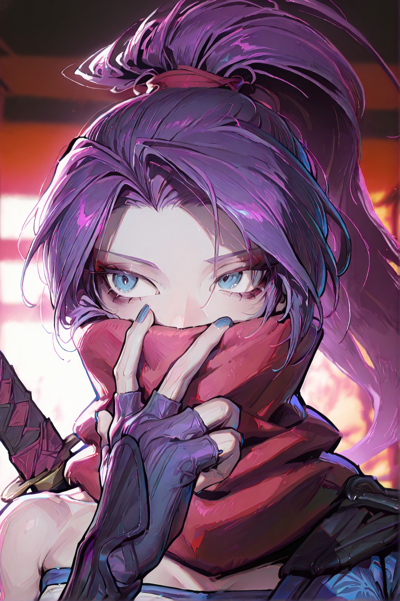 1girl, solo, (portrait:1.5), 30y, <lora:Psylockev1_Illu_Dwnsty:1> psylocke_mvr, blue eyes, purple hair, high ponytail, parted bangs, long hair, red scarf, scarf over mouth, japanese clothes, chest sarashi, kimono, sash, red belt, obi, single shoulder pad, fingerless gloves, arm guards, nail polish, blue nails, black footwear, blue thighhighs, sheath, weapon on back, blurry background, <lora:cgel-style-richy-v1_ixl:1>, <lora:princess_xl_v2:1>, <lora:illustrious_noobai_epsilon_pred_11_very_aesthetic_v1:1> masterpiece, best quality, very aesthetic, absurdres, <lora:illustrious_noobai_epsilon_pred_1_best_quality_v1:1> masterpiece, best quality, very aesthetic, absurdres, masterpiece, best quality, amazing quality, very aesthetic, absurdres, ultra-detailed, newest
