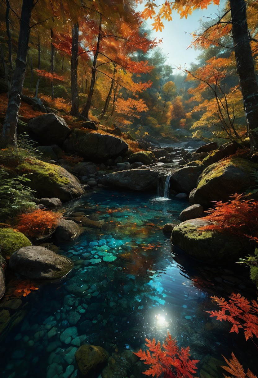 (clear plunge pond in a magical claustrophobic forest with numerous overgrown trees with water surface completely covered in lots of floating autumn maple leaves:1.28), (filled with saturated multicolored stone boulders at the bottom of pond lit with caustics:1.2) (with mossy logs and waterholes and glowing corals inside pond:1.24), afternoon (moody atmosphere:1.08) golden (hour with godrays shining through dark canopy branches:1.2), (bioluminescent-shikoku gleams:), (prismatic cohesive color grading), 4k, highres, best quality, dramatic, cinematic, epic, (concept art, digital art, realistic, professional masterpiece, raised view, dutch angle, establishing far shot, dynamic shot, (curvilinear perspective), sharp clarity:1.2), fine intricate details, great lighting, dappled soft lighting, volumetric lighting, detailed highlights, rim lighting