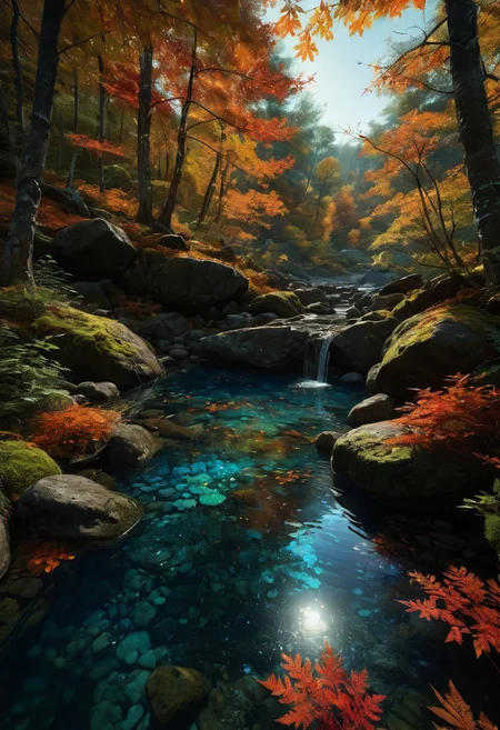 (clear plunge pond in a magical claustrophobic forest with numerous overgrown trees with water surface completely covered in lots of floating autumn maple leaves:1.28), (filled with saturated multicolored stone boulders at the bottom of pond lit with caustics:1.2) (with mossy logs and waterholes and glowing corals inside pond:1.24), afternoon (moody atmosphere:1.08) golden (hour with godrays shining through dark canopy branches:1.2), (bioluminescent-shikoku gleams:), (prismatic cohesive color grading), 4k, highres, best quality, dramatic, cinematic, epic, (concept art, digital art, realistic, professional masterpiece, raised view, dutch angle, establishing far shot, dynamic shot, (curvilinear perspective), sharp clarity:1.2), fine intricate details, great lighting, dappled soft lighting, volumetric lighting, detailed highlights, rim lighting