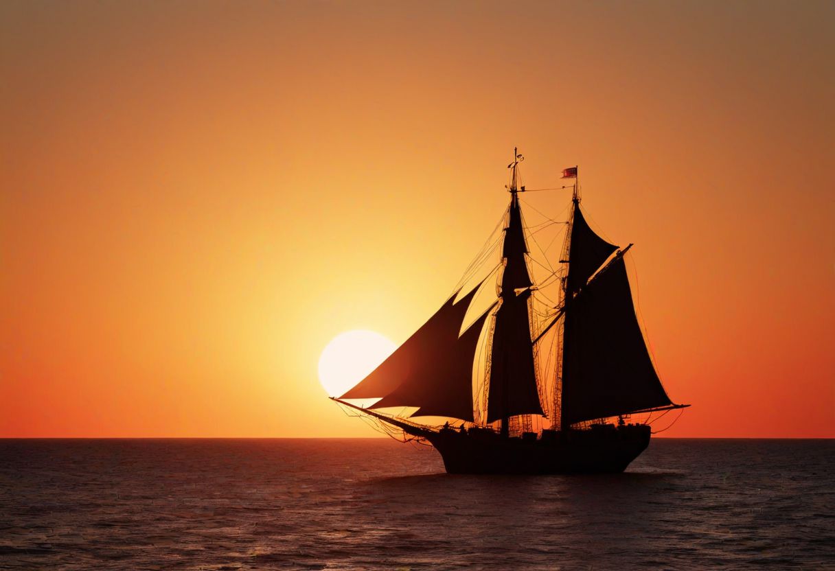 Tiny medieaval sailing vessel on the ocean, sunset, rim light, back lit, silhouette, in the style of Caspar David Friedrich