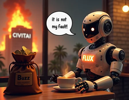 a realistic Jib Shot photo in the style of Andrew Macara, a robot is holding a cup of hot coffee behind a table in a Cafe, a leather bag with a label "Buzz" is fulled of cryptocurrency coins and it is placed on the table, a white speech bubble is next to the robot's mouth say "it is not my fault!", the robot's upper body has a glowing text "FLUX", background has a large window showing a (building on fire), the burning building has a big neon sign with text "CIVITAI", very aesthetic