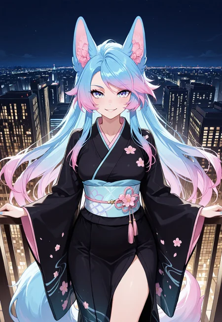 masterpiece, best quality, good quality, very aesthetic, absurdres, detailed eyes,
BREAK
silvervale, fox ears, tail, gradient hair, multicolored hair, blue hair, pink hair, blue eyes, medium breasts,
BREAK
Seductive Smile,
BREAK
black kimono, wide sleeves,obi,japanese clothes,
BREAK
balcony overlooking the city, modern city, city view, night,