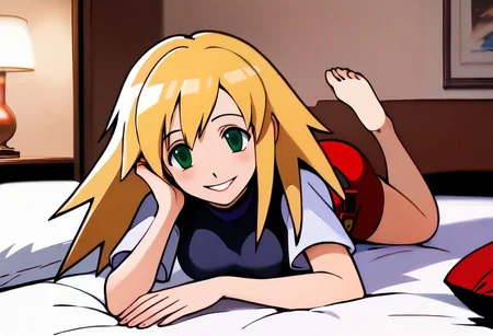 1girl, solo female, Roll Caskett (mega man), <lora:roll_caskett:1>, blonde hair, green eyes, long messy hair with pointed bangs, long side locks and center part hair, black choker, medium breasts, athletic petite female body, red cropped t-shirt vest with giant silver buttons, red short-shorts with belt, barefoot, smooth soles, pretty feet, laying prone on bed with crossed feet up behind head, smiling at viewer,
bedroom,
megaman legends anime style,
NegfeetV2, Perfect Hands, charturnerv2,