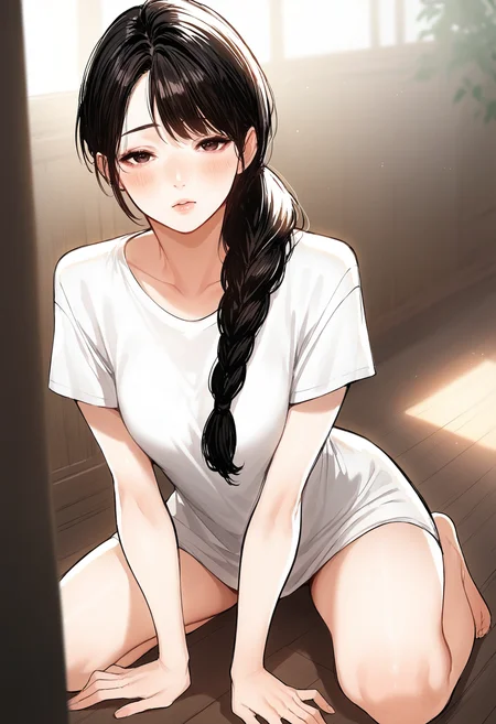 zPDXL, hi res, (sketch:1.2), manga illustration, manhwa, flat colors, inside, livingroom, sunlight
BREAK 1girl, solo, nari 1150, (white skin, pale pink skin:1.4), (black hair:1.2), braided ponytail, ponytail over shoulder, bangs, reddened eyes, (red eyeliner:0.6), parted lips, blush, shy, t-shirt dress, kneeling on ground, wood floor
<lora:scoreSlider_ponyXL_v10:1> <lora:Nari_noona-manwha_ponyXL_v10:0.8> <lora:SakuraNoTomoru_ponyXL_v10:0.4>
