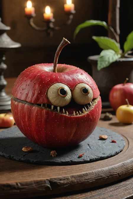 a big apple on a table with a fat worm, a witch's curse causes a plague, UHD, 8k, F2.8, RAW Photo, ultra detailed, sharp focus, Studio Ghibli style <lora:add-detail-xl:2>