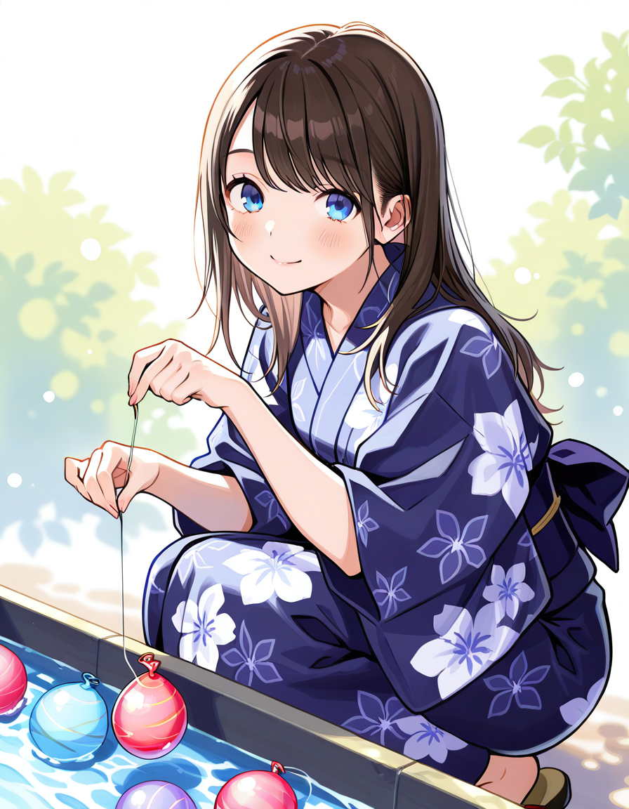 score_7_up, anime BREAK official art, solo, 1girl, one girl, 
<lora:natsumatsuri:1>, natsumatsuri, 
1girl, solo, smile, holding, yukata, look at viewer, squatting, water yoyo, water balloon fishing,
(masterpiece:1.3), best quality, high resolution, unity 8k wallpaper, extremely detailed CG, 8K, (watercolor \(medium\), muted color, sketch:1.1), perfect anatomy, highly finished, masterpiece, best quality, high quality, amazing quality, great quality, very aesthetic, ultra detailed, highres, absurdres, highly detailed, highly detailed background,