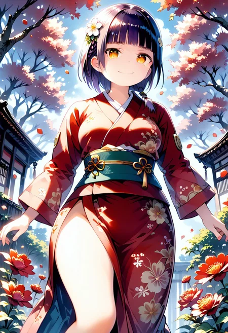 score_9, score_8_up, score_7_up, 1girl, FujisakaLP, mature woman, masterpiece, best quality, ultra high res, (big breasts1.2). smiling, happy, wide thighs, wide hips, photon mapping, best shadow, beauty detail, ultra high detail, long purple hair, single braid, blunt bangs, downtown, (low cut:2), solo, professional light, detailed skin, whole colored background, clear, 4Kbackground, clear, 4K, soft and lazy, watercolor drawing, floating, finely detail, (slit pupils), AyameNewYears, side ponytail, red kimono, floral print, hair flower, sash, haori