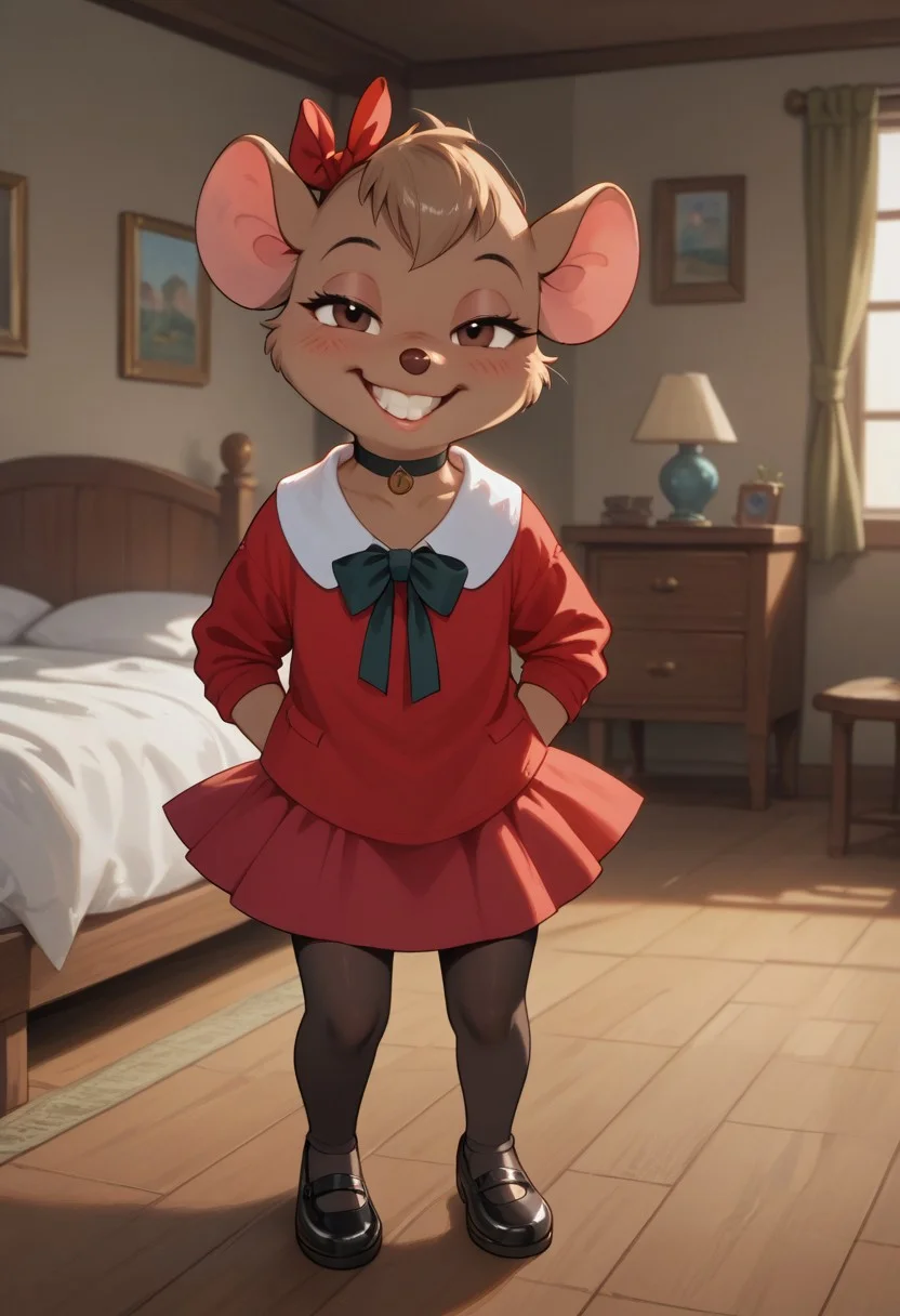 score_9, score_8_up, score_7_up, score_6_up, score_5_up, 1girl, solo, full body,
<lora:Olivia Flaversham (The Great Mouse Detective) (Pony):0.8>
Olivia_F, furry female, body fur, brown fur, animal nose, mouse ears, animal ears, (hair ribbon), short hair,
choker, grin, teeth,
(leggings), minidress, red dress,
seductive pose,
indoors, (detailed background), bedroom,
looking at viewer, coy smile, flirtatious look,
sultry expression, blush,