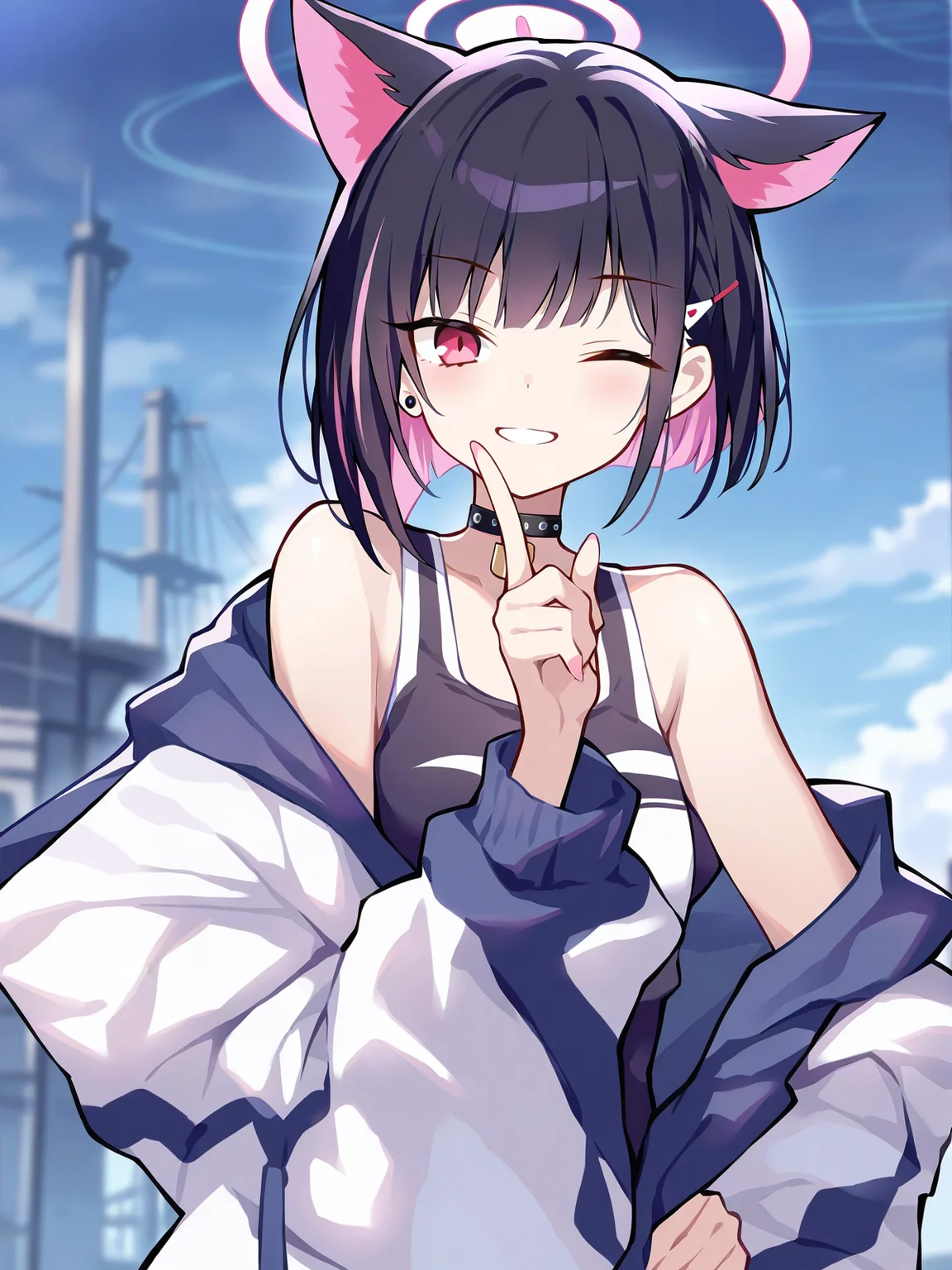 {{quan (kurisu tina)}},{portrait},year 2023,kazusa \(blue archive\),1girl,solo,standing,upper body,teeth,light smile,one eye closed,index finger raised,hand on own hip,looking at viewer,(masterpiece,best quality,ultra_detailed,highres,absurdres:1.2,amazing quality,very aesthetic)