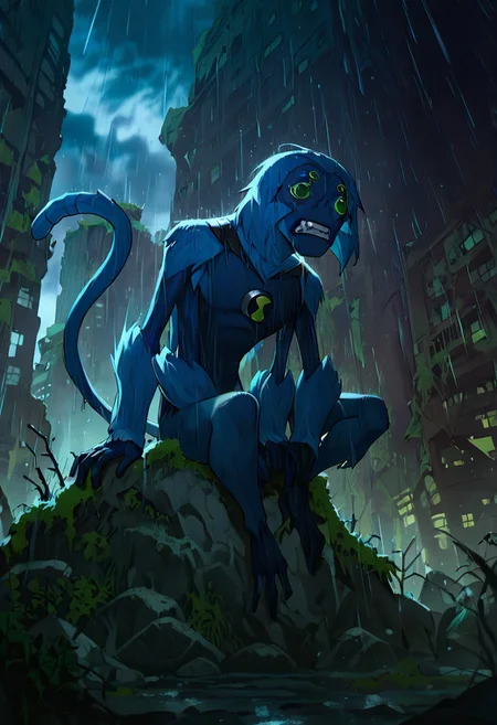 masterpiece, best quality, amazing quality, very aesthetic, absurdres, newest,, detailed background, 
spidermonkey, extra eyes, solo, blue skin, extra arms, long blue tail, , green eyes, teeth, blue hair, , teeth, fangs, four arms, 
destroyed city, sad, sitting on rock, moss, overgrown city, rain, dark sky,