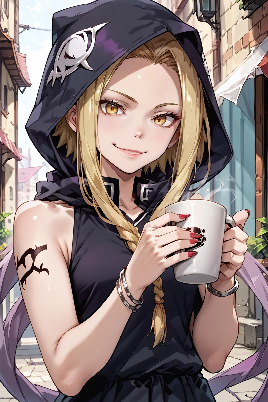 score_9, score_8_up, score_7_up, score_6_up,source_anime,
holding coffee mug, close-up, evil smile, 
, <lora:Medusa:0.8>,medusa, 1girl, yellow eyes, hood, braid, jewelry, bracelet, blonde hair, tattoo, sleeveless, bare shoulders, long hair, single braid, short hair with long locks, nail polish, long dress, bare foot,
 ,<lora:hand 4:0.8>,Hand,perfect,
<lora:intricate_details:1.4>,