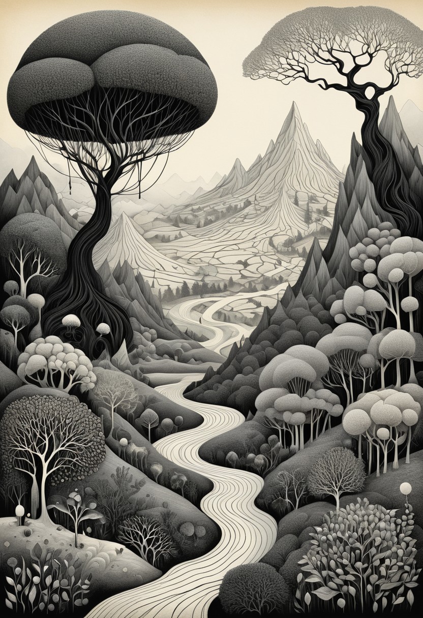A solitary black-and-white landscape, surreal fantasy illustration, dreamlike atmosphere, hand-drawn cartography, organic linework, soft pastel tones, fantasy map textures, whimsical surrealism, tangled nature, symbolic figures, quiet mystery, ethereal storytelling, folktale mood, botanical elements, eerie elegance, ink and parchment textures, soft emotional surrealism