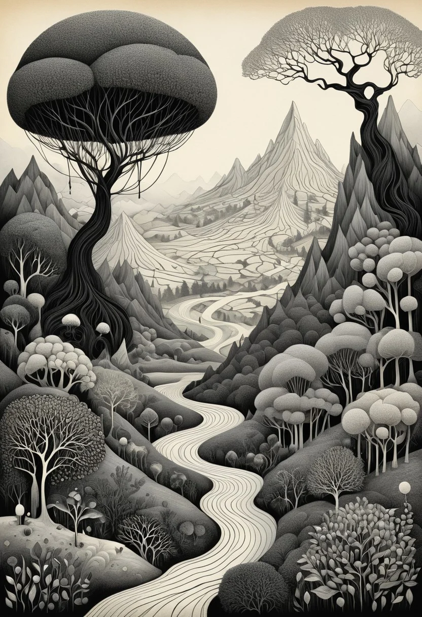A solitary black-and-white landscape, surreal fantasy illustration, dreamlike atmosphere, hand-drawn cartography, organic linework, soft pastel tones, fantasy map textures, whimsical surrealism, tangled nature, symbolic figures, quiet mystery, ethereal storytelling, folktale mood, botanical elements, eerie elegance, ink and parchment textures, soft emotional surrealism